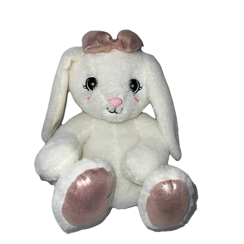 Plush White Bunny Rabbit Backpack Embroidered Face Mauve Pink Glitter Bow & Feet